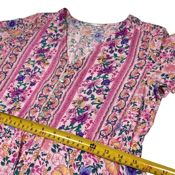 R Vivimos Tiered Floral Maxi Dress Sz.S Pink Short Sleeve Cottage Boho Romantic - Picture 8 of 16